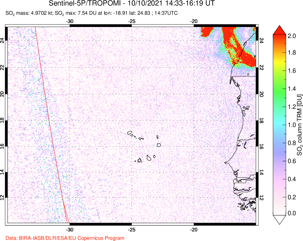 A sulfur dioxide image over Cape Verde Islands on Oct 10, 2021.