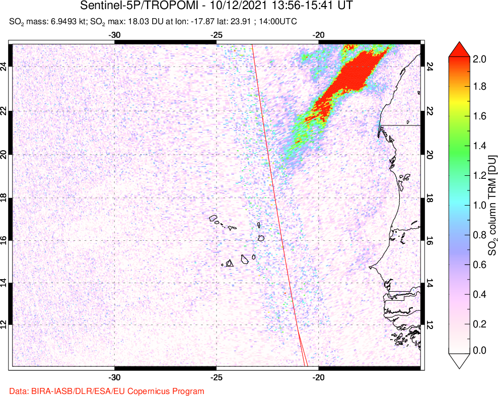 A sulfur dioxide image over Cape Verde Islands on Oct 12, 2021.