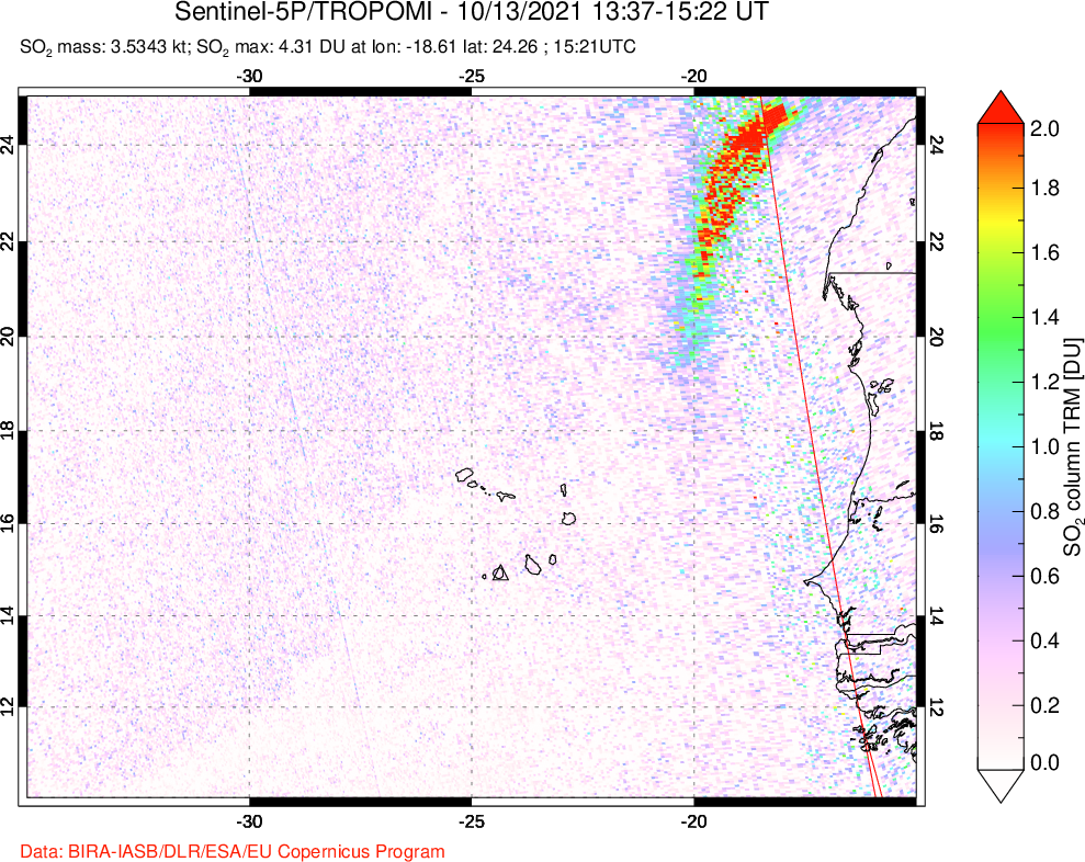 A sulfur dioxide image over Cape Verde Islands on Oct 13, 2021.