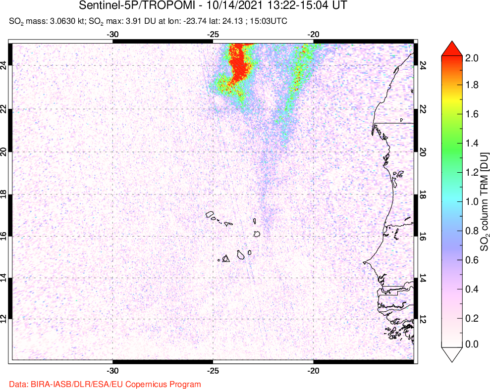 A sulfur dioxide image over Cape Verde Islands on Oct 14, 2021.