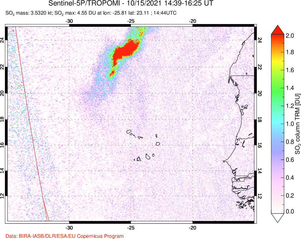 A sulfur dioxide image over Cape Verde Islands on Oct 15, 2021.