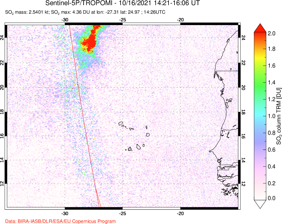 A sulfur dioxide image over Cape Verde Islands on Oct 16, 2021.