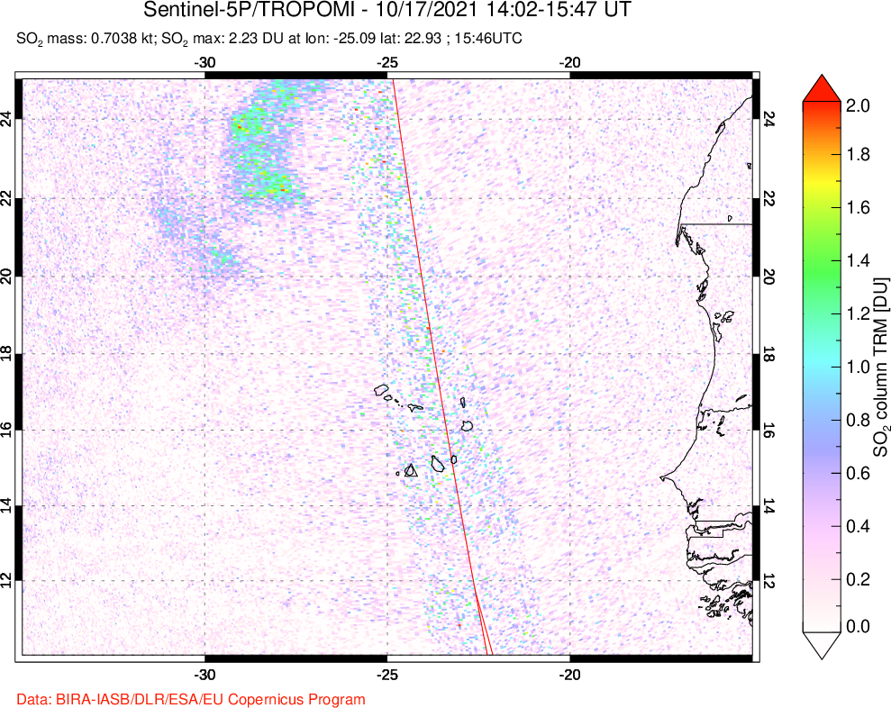 A sulfur dioxide image over Cape Verde Islands on Oct 17, 2021.