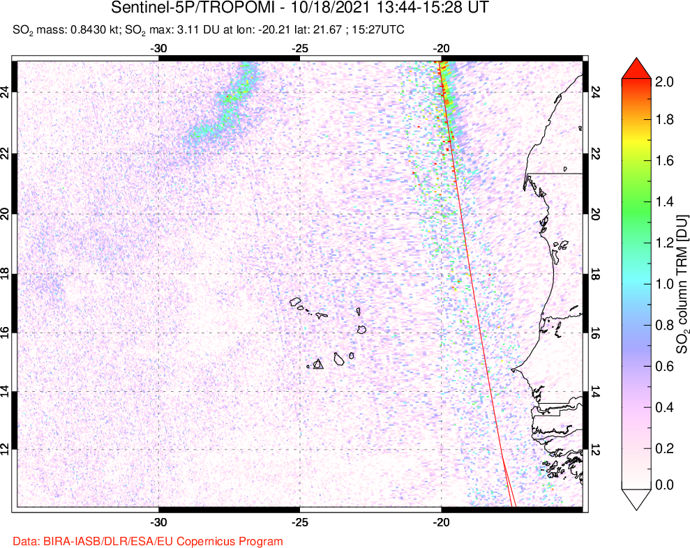 A sulfur dioxide image over Cape Verde Islands on Oct 18, 2021.