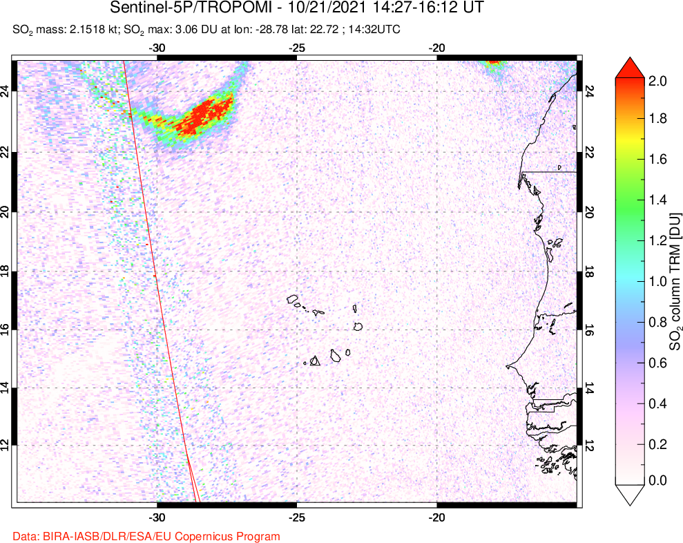 A sulfur dioxide image over Cape Verde Islands on Oct 21, 2021.