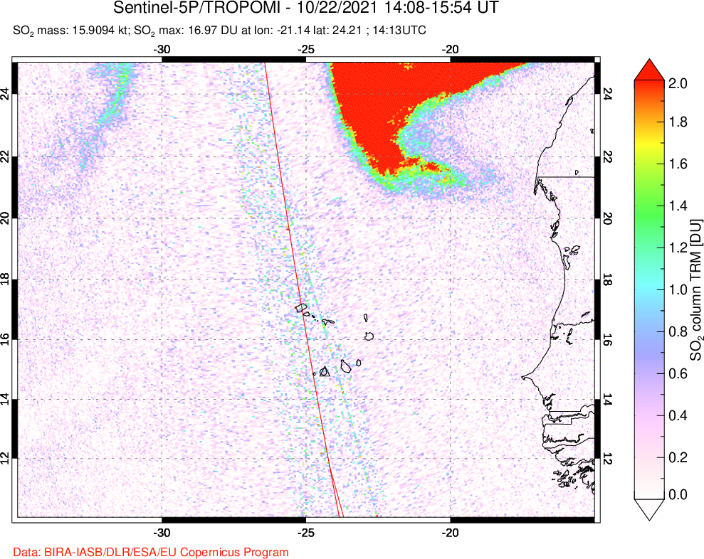 A sulfur dioxide image over Cape Verde Islands on Oct 22, 2021.