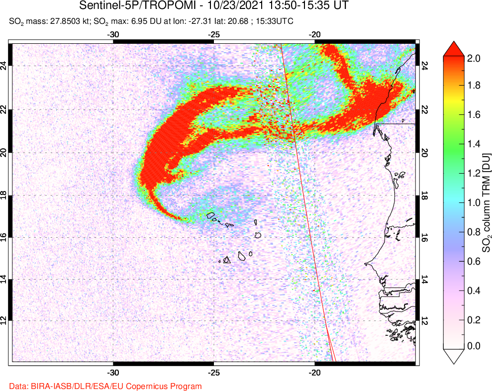 A sulfur dioxide image over Cape Verde Islands on Oct 23, 2021.