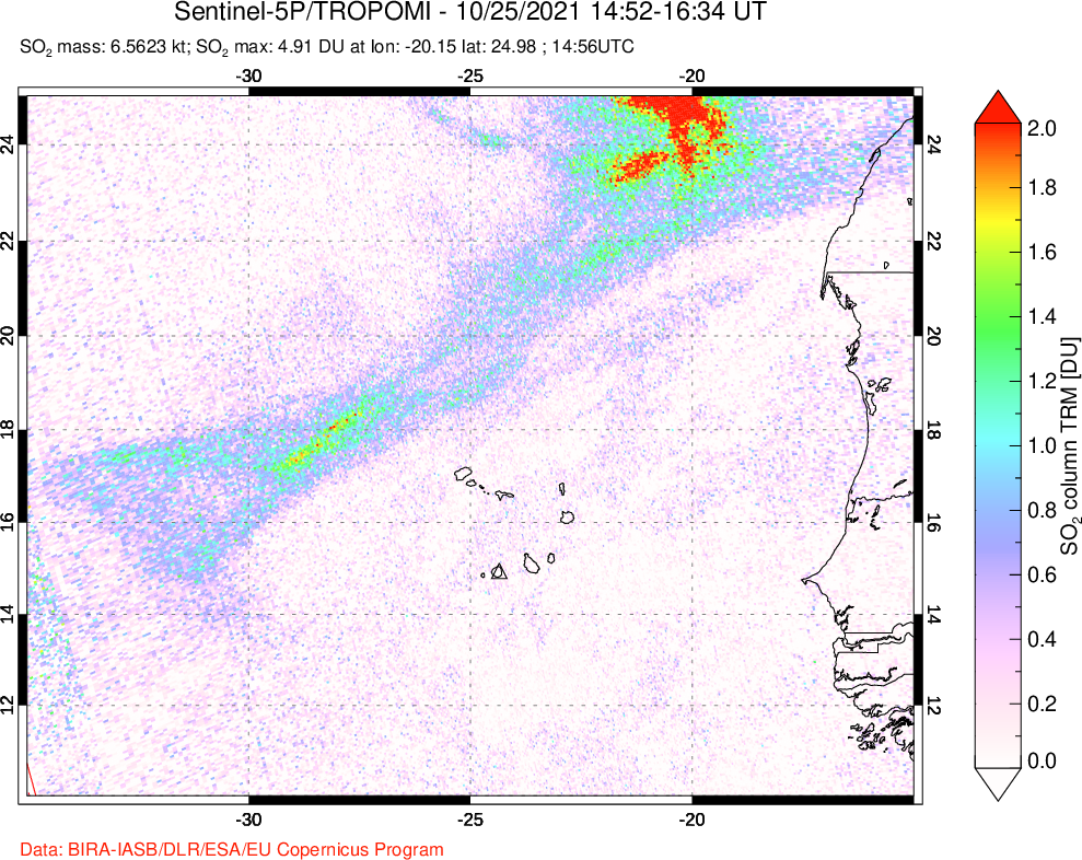 A sulfur dioxide image over Cape Verde Islands on Oct 25, 2021.
