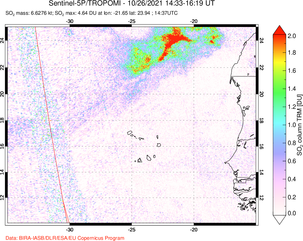 A sulfur dioxide image over Cape Verde Islands on Oct 26, 2021.