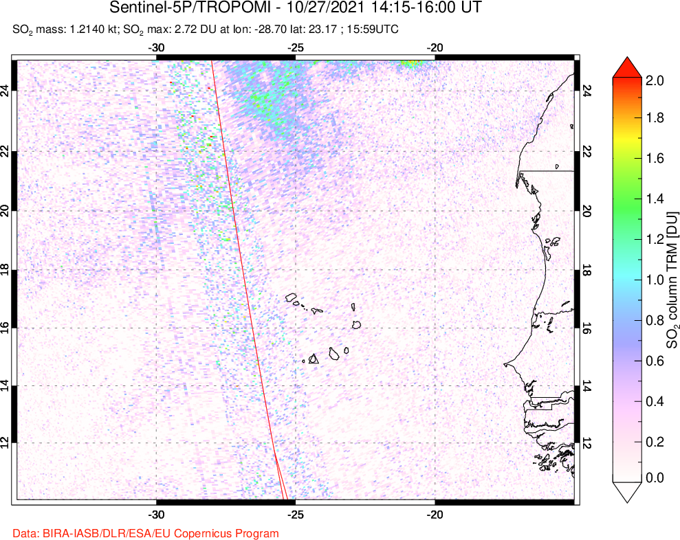 A sulfur dioxide image over Cape Verde Islands on Oct 27, 2021.