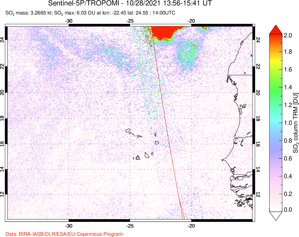 A sulfur dioxide image over Cape Verde Islands on Oct 28, 2021.