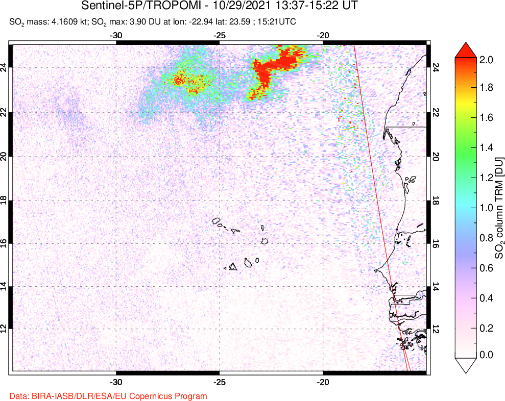 A sulfur dioxide image over Cape Verde Islands on Oct 29, 2021.