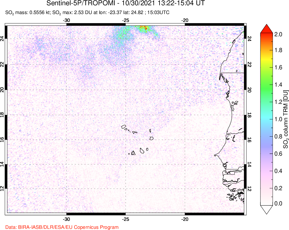 A sulfur dioxide image over Cape Verde Islands on Oct 30, 2021.