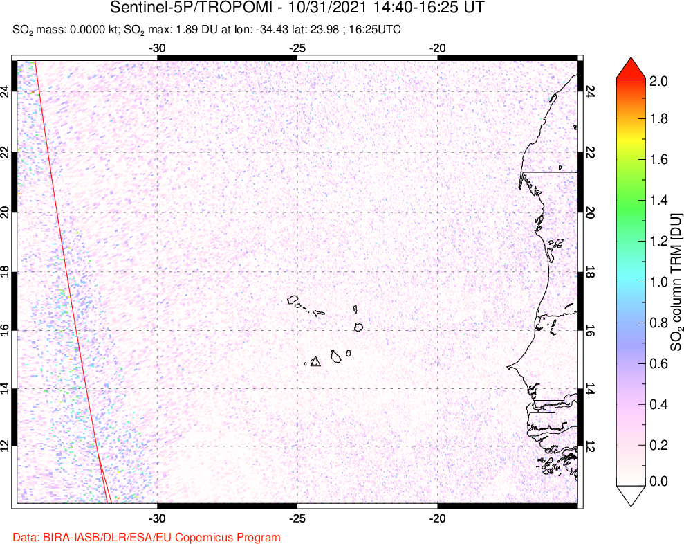 A sulfur dioxide image over Cape Verde Islands on Oct 31, 2021.