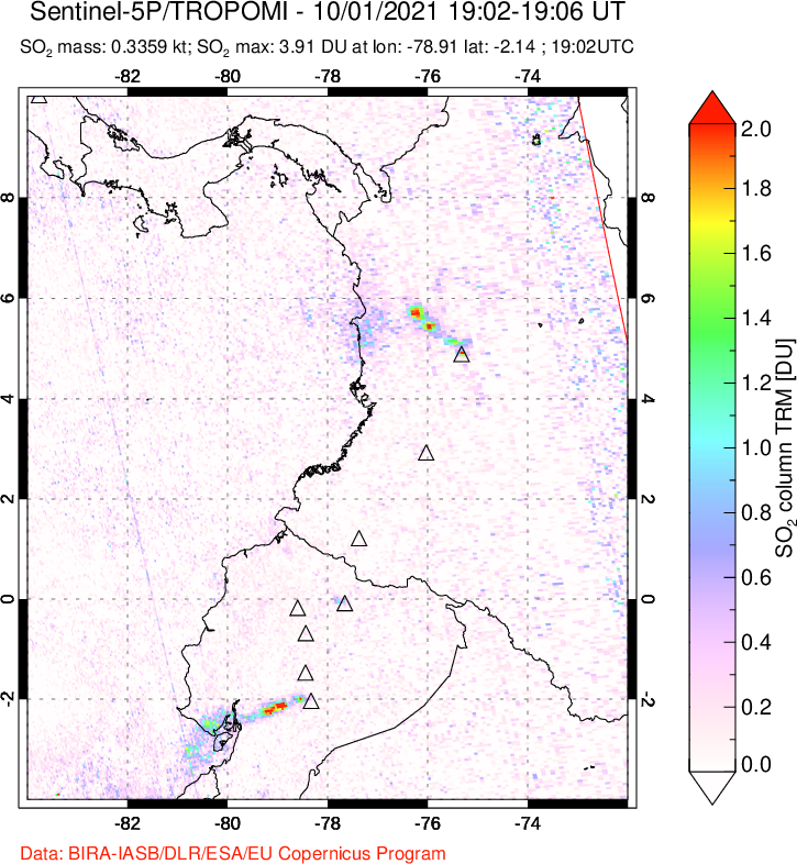 A sulfur dioxide image over Ecuador on Oct 01, 2021.