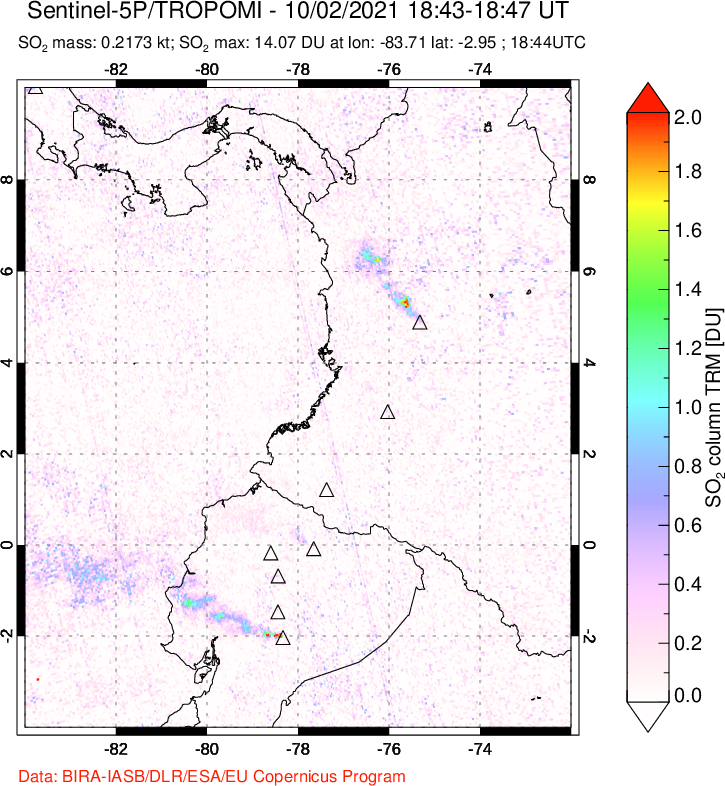 A sulfur dioxide image over Ecuador on Oct 02, 2021.