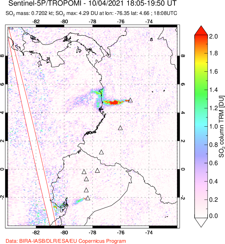 A sulfur dioxide image over Ecuador on Oct 04, 2021.