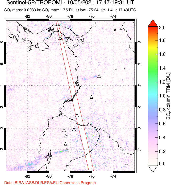A sulfur dioxide image over Ecuador on Oct 05, 2021.