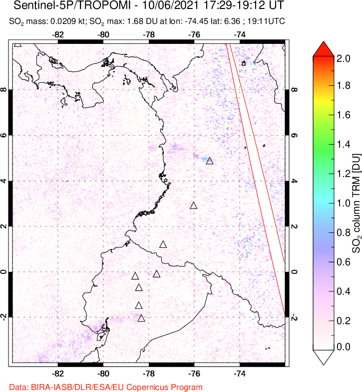 A sulfur dioxide image over Ecuador on Oct 06, 2021.