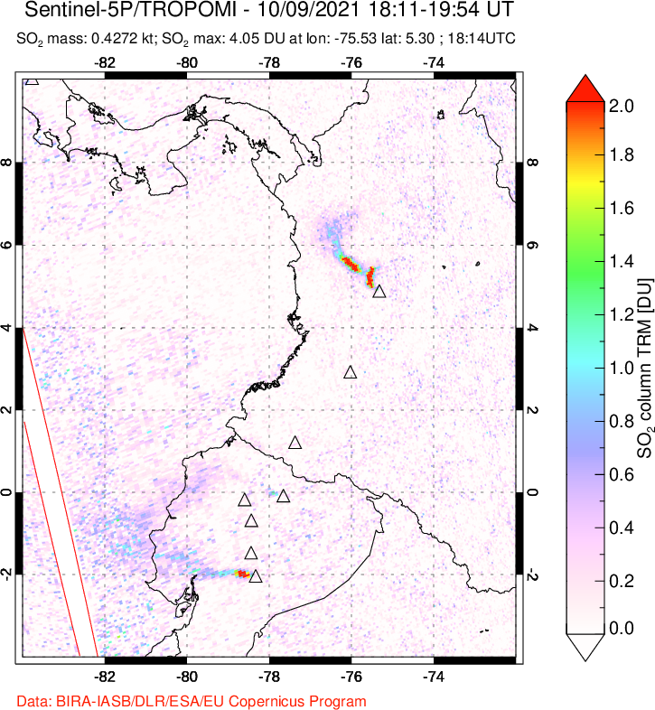 A sulfur dioxide image over Ecuador on Oct 09, 2021.