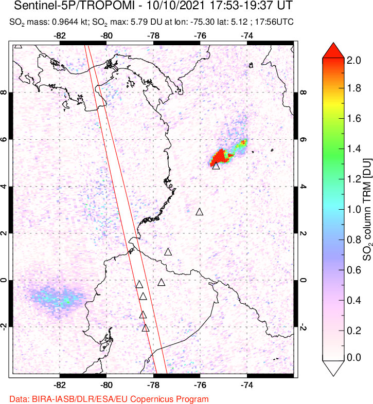 A sulfur dioxide image over Ecuador on Oct 10, 2021.