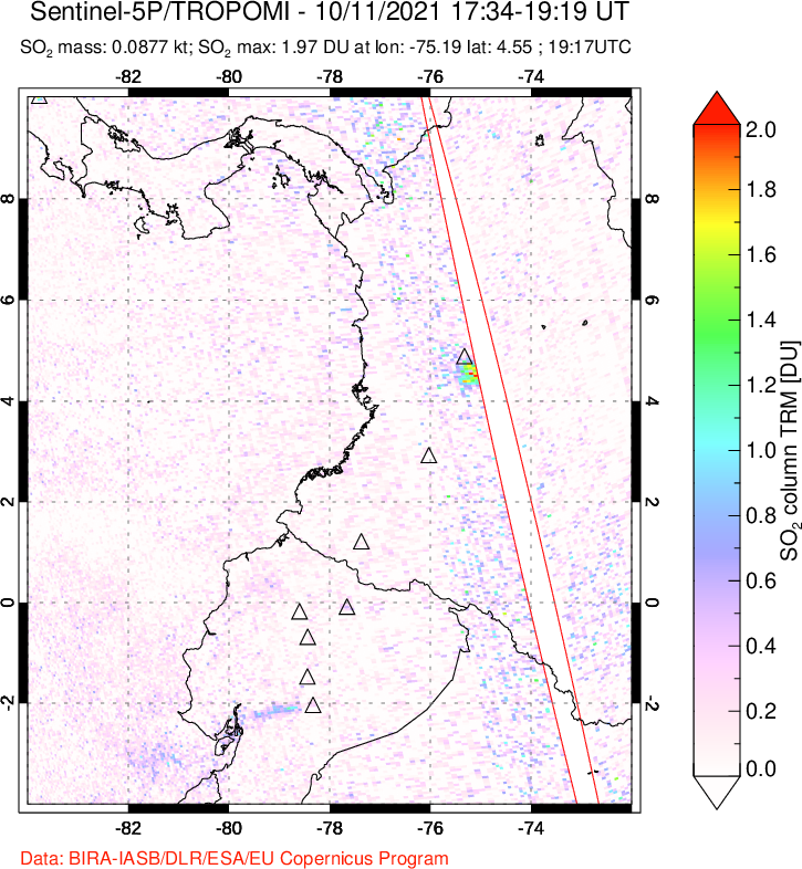 A sulfur dioxide image over Ecuador on Oct 11, 2021.
