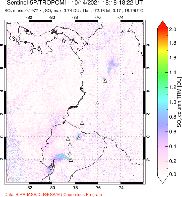 A sulfur dioxide image over Ecuador on Oct 14, 2021.