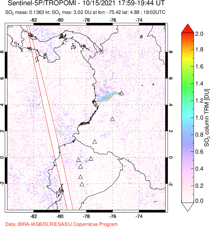 A sulfur dioxide image over Ecuador on Oct 15, 2021.