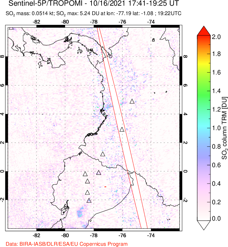 A sulfur dioxide image over Ecuador on Oct 16, 2021.