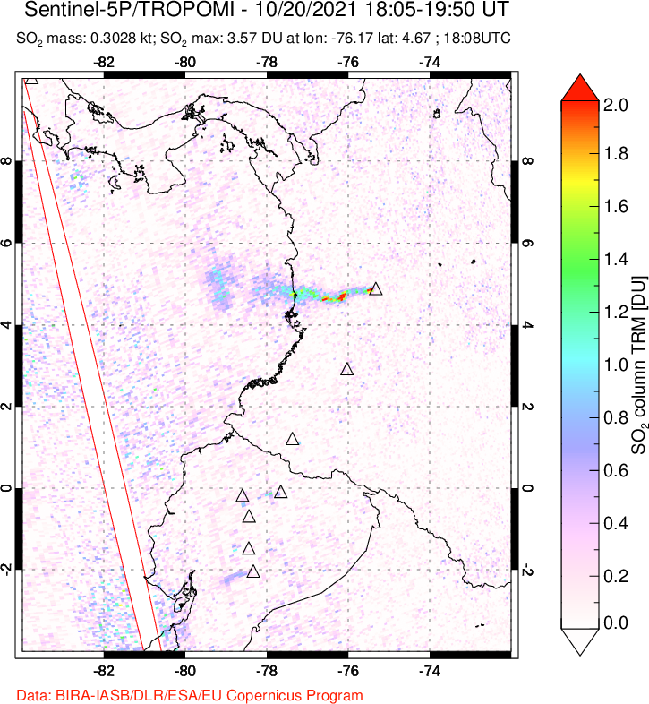 A sulfur dioxide image over Ecuador on Oct 20, 2021.