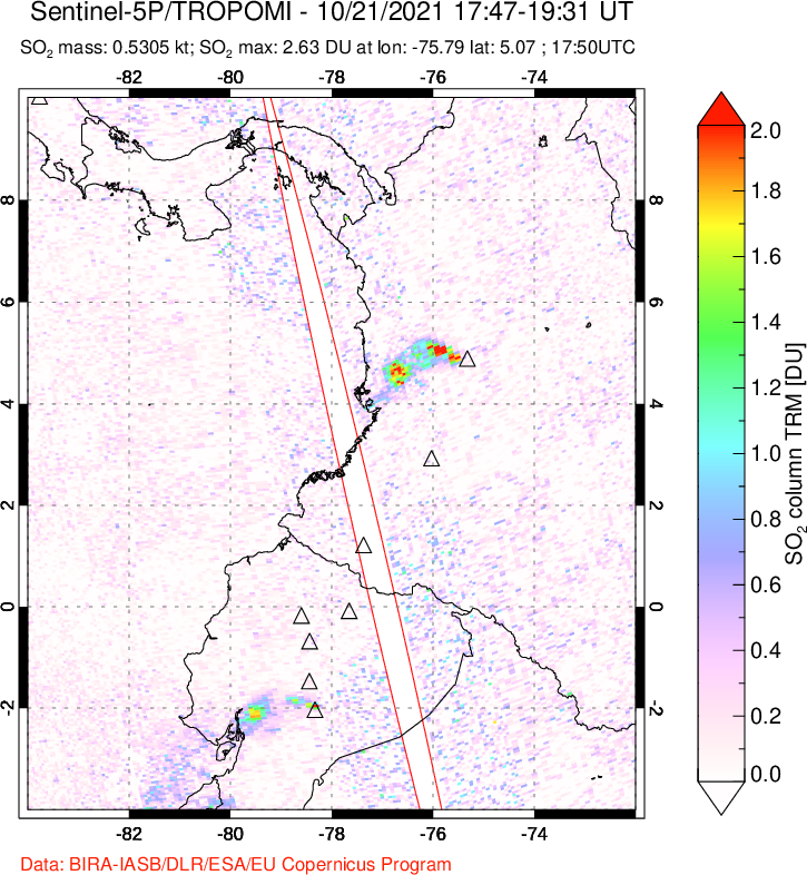 A sulfur dioxide image over Ecuador on Oct 21, 2021.