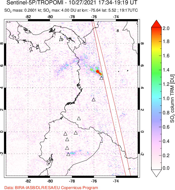 A sulfur dioxide image over Ecuador on Oct 27, 2021.
