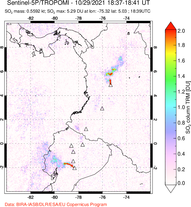 A sulfur dioxide image over Ecuador on Oct 29, 2021.