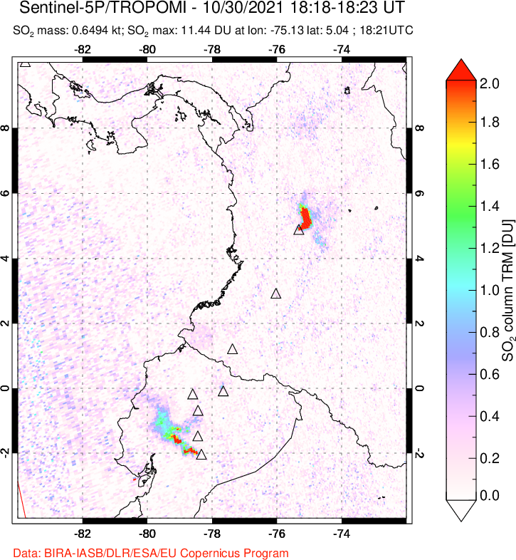 A sulfur dioxide image over Ecuador on Oct 30, 2021.