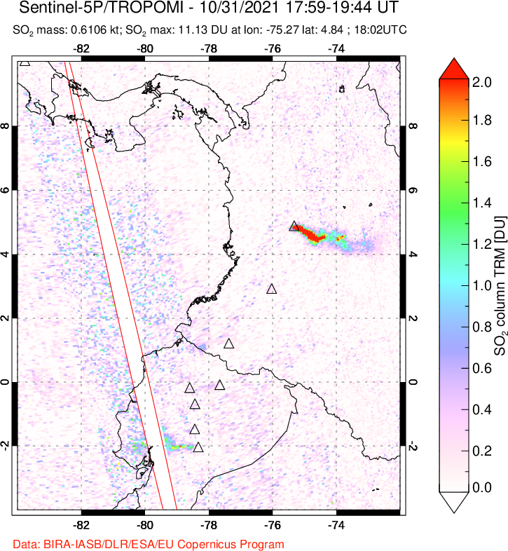 A sulfur dioxide image over Ecuador on Oct 31, 2021.