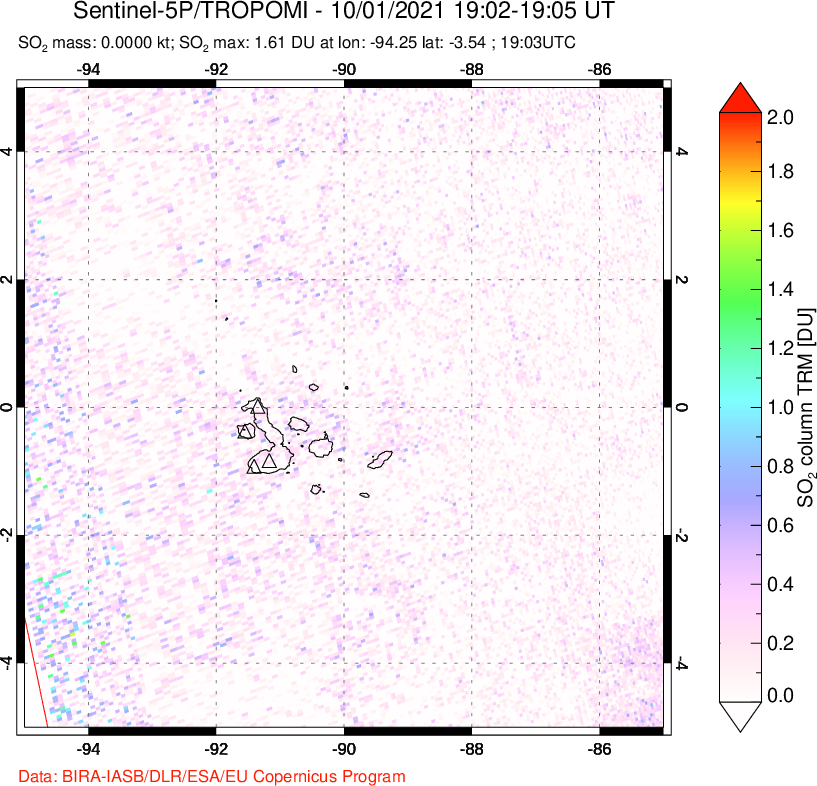 A sulfur dioxide image over Galápagos Islands on Oct 01, 2021.