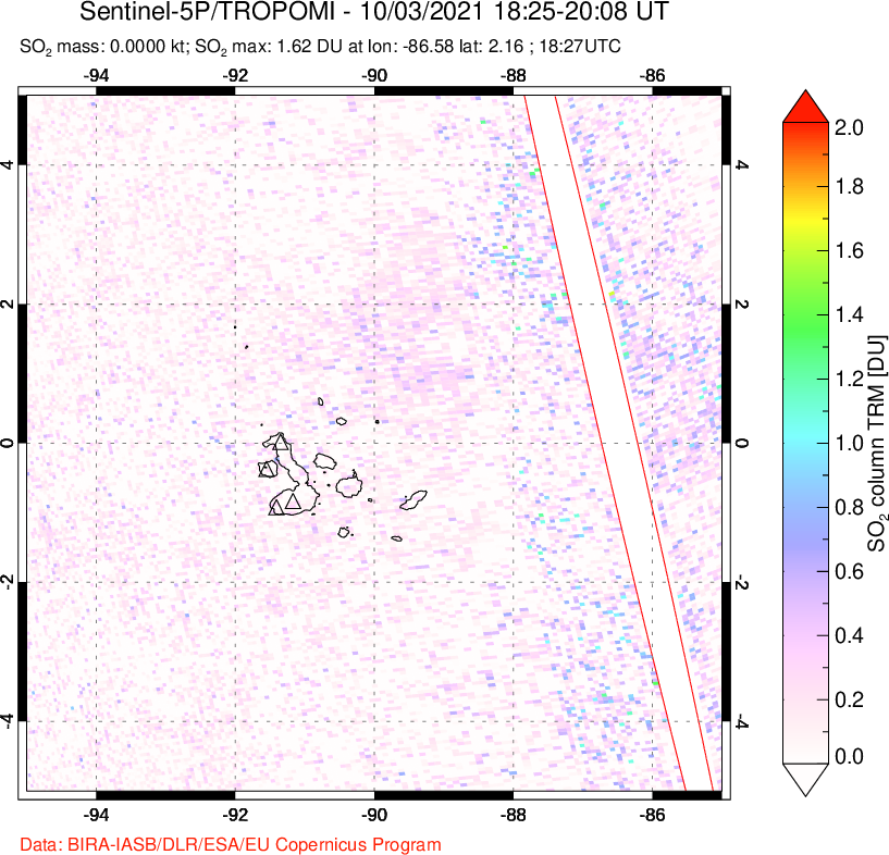 A sulfur dioxide image over Galápagos Islands on Oct 03, 2021.
