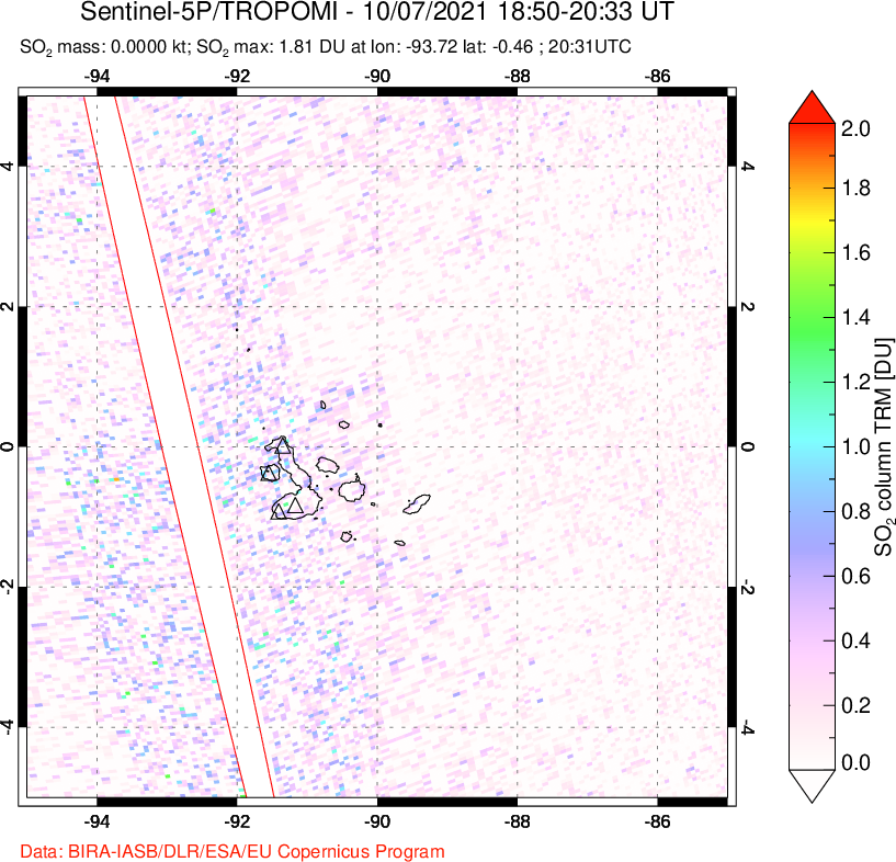 A sulfur dioxide image over Galápagos Islands on Oct 07, 2021.
