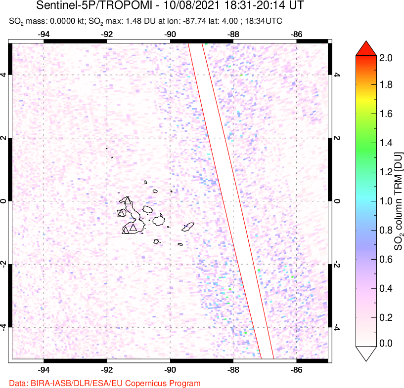 A sulfur dioxide image over Galápagos Islands on Oct 08, 2021.