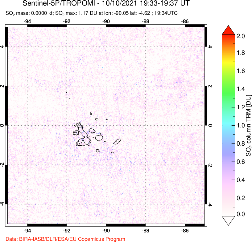 A sulfur dioxide image over Galápagos Islands on Oct 10, 2021.
