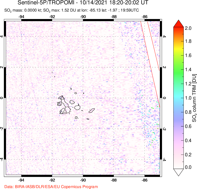A sulfur dioxide image over Galápagos Islands on Oct 14, 2021.