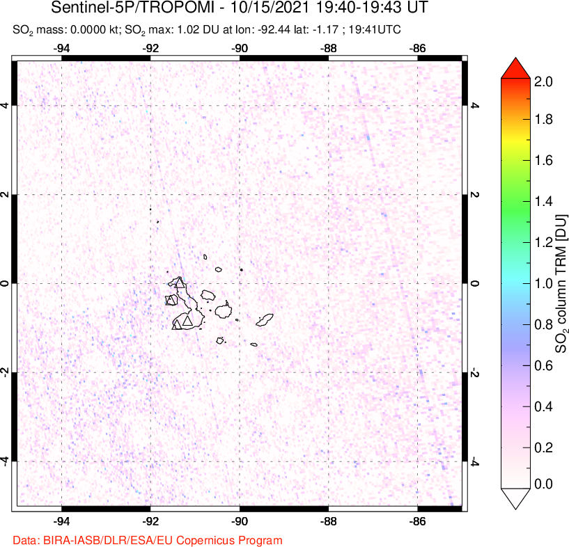 A sulfur dioxide image over Galápagos Islands on Oct 15, 2021.