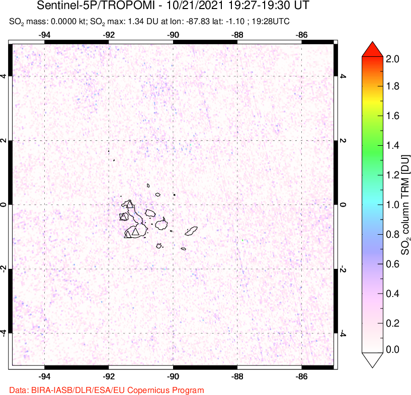 A sulfur dioxide image over Galápagos Islands on Oct 21, 2021.