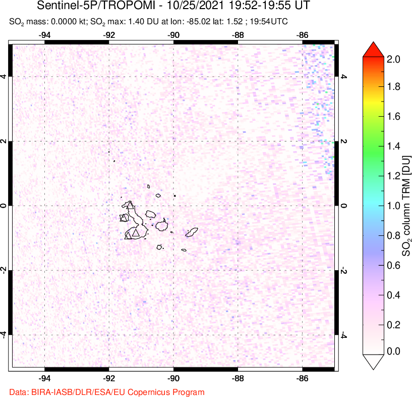 A sulfur dioxide image over Galápagos Islands on Oct 25, 2021.