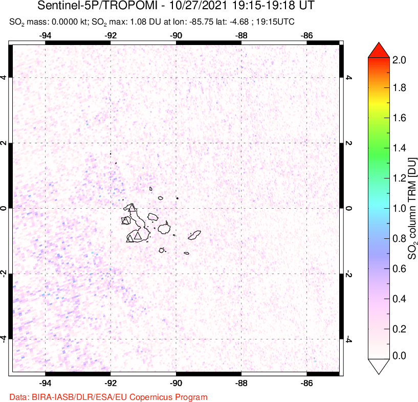 A sulfur dioxide image over Galápagos Islands on Oct 27, 2021.