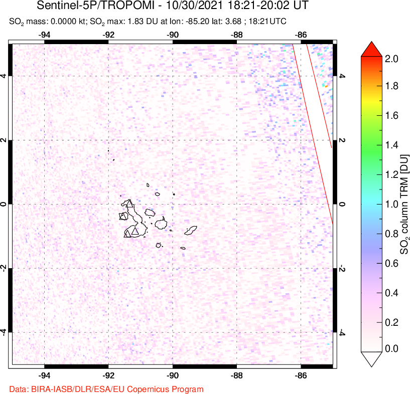 A sulfur dioxide image over Galápagos Islands on Oct 30, 2021.