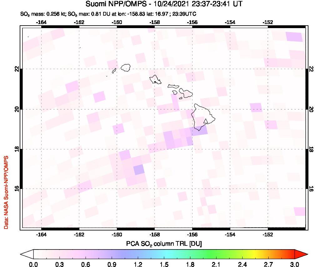 A sulfur dioxide image over Hawaii, USA on Oct 24, 2021.
