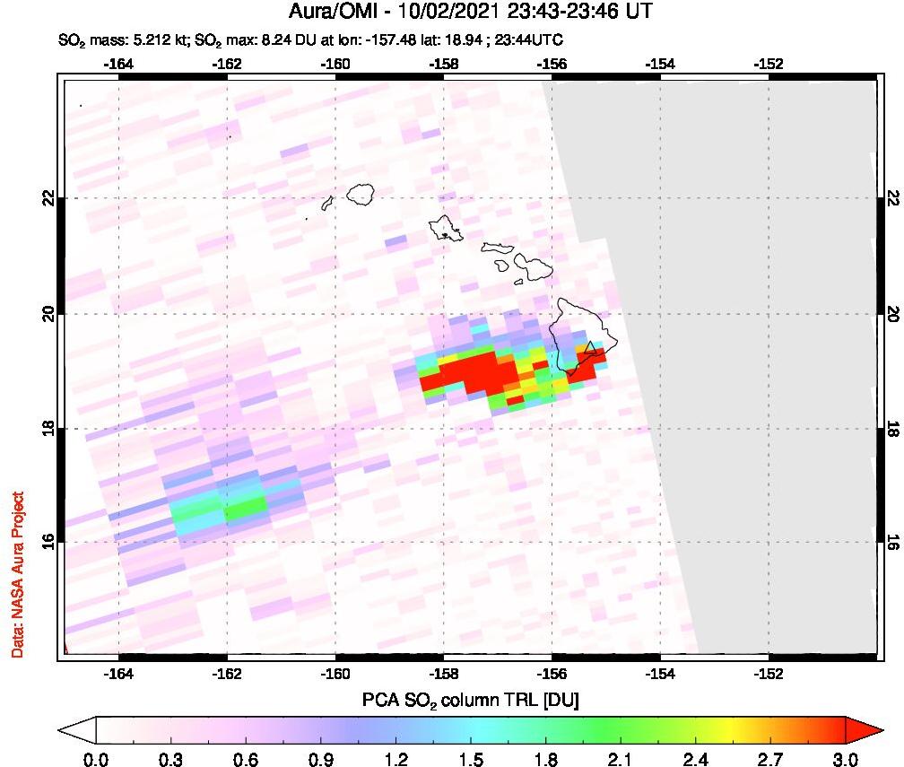 A sulfur dioxide image over Hawaii, USA on Oct 02, 2021.