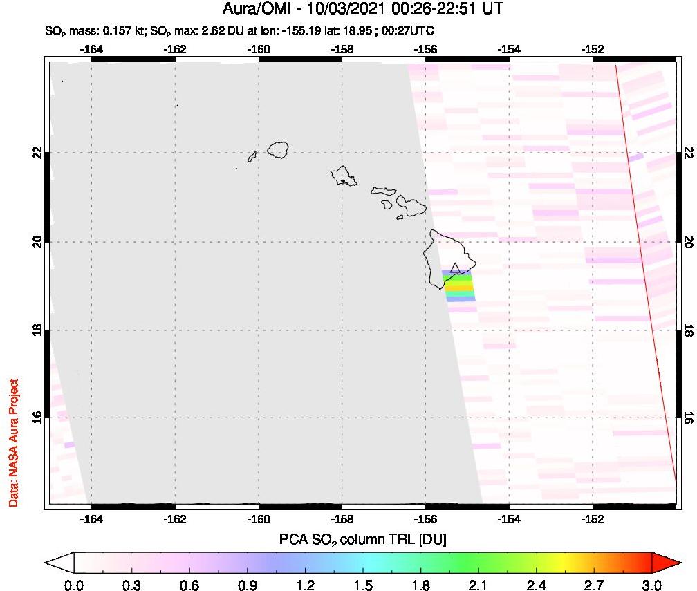 A sulfur dioxide image over Hawaii, USA on Oct 03, 2021.