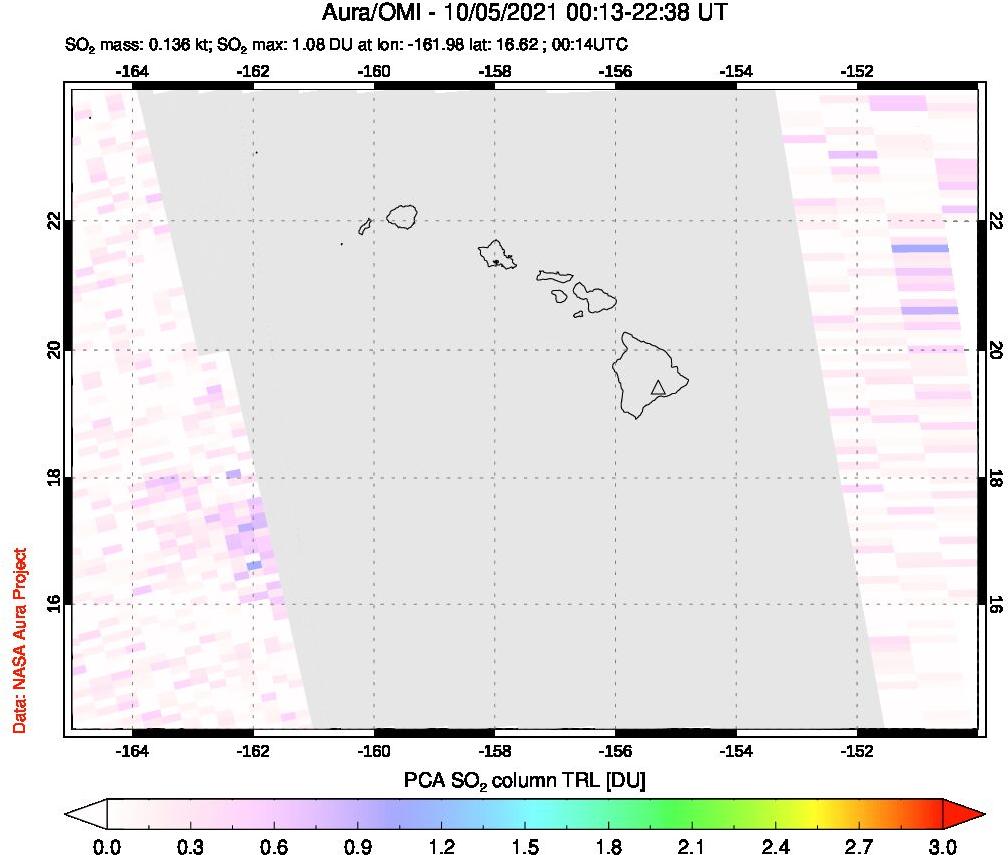 A sulfur dioxide image over Hawaii, USA on Oct 05, 2021.